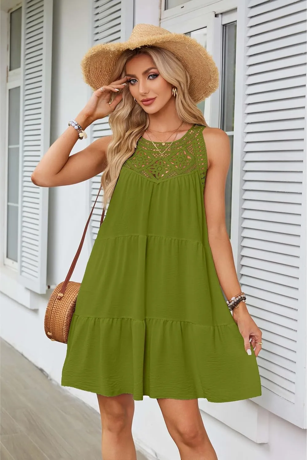 Women's 2024 Summer Halter Dress, Boho Sleeveless Sundress, Casual Flowy Beach Vacation A-line Loose Mini Sun Dress
