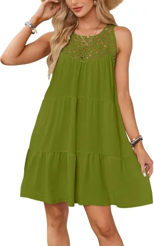 Women's 2024 Summer Halter Dress, Boho Sleeveless Sundress, Casual Flowy Beach Vacation A-line Loose Mini Sun Dress