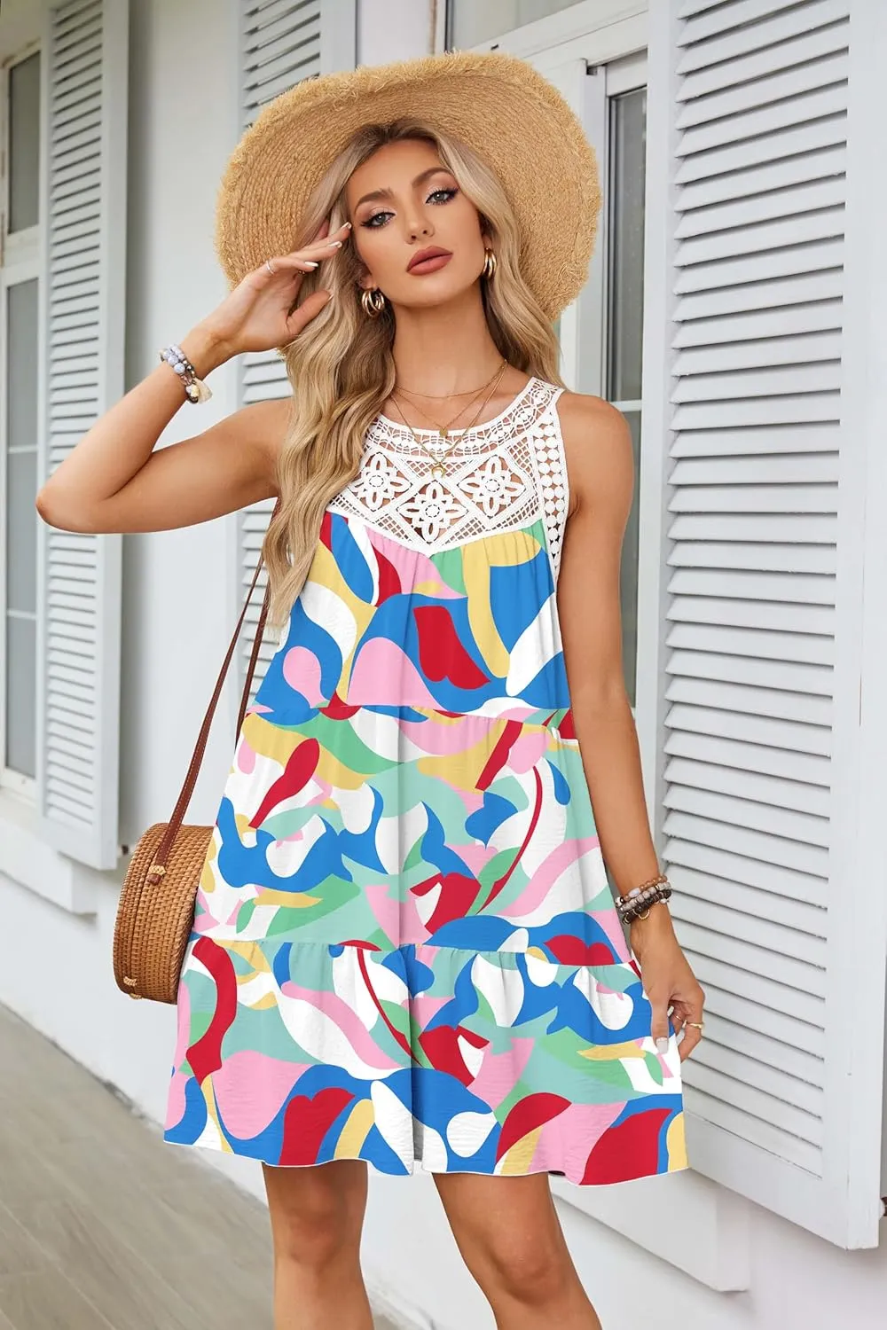 Women's 2024 Summer Halter Dress, Boho Sleeveless Sundress, Casual Flowy Beach Vacation A-line Loose Mini Sun Dress