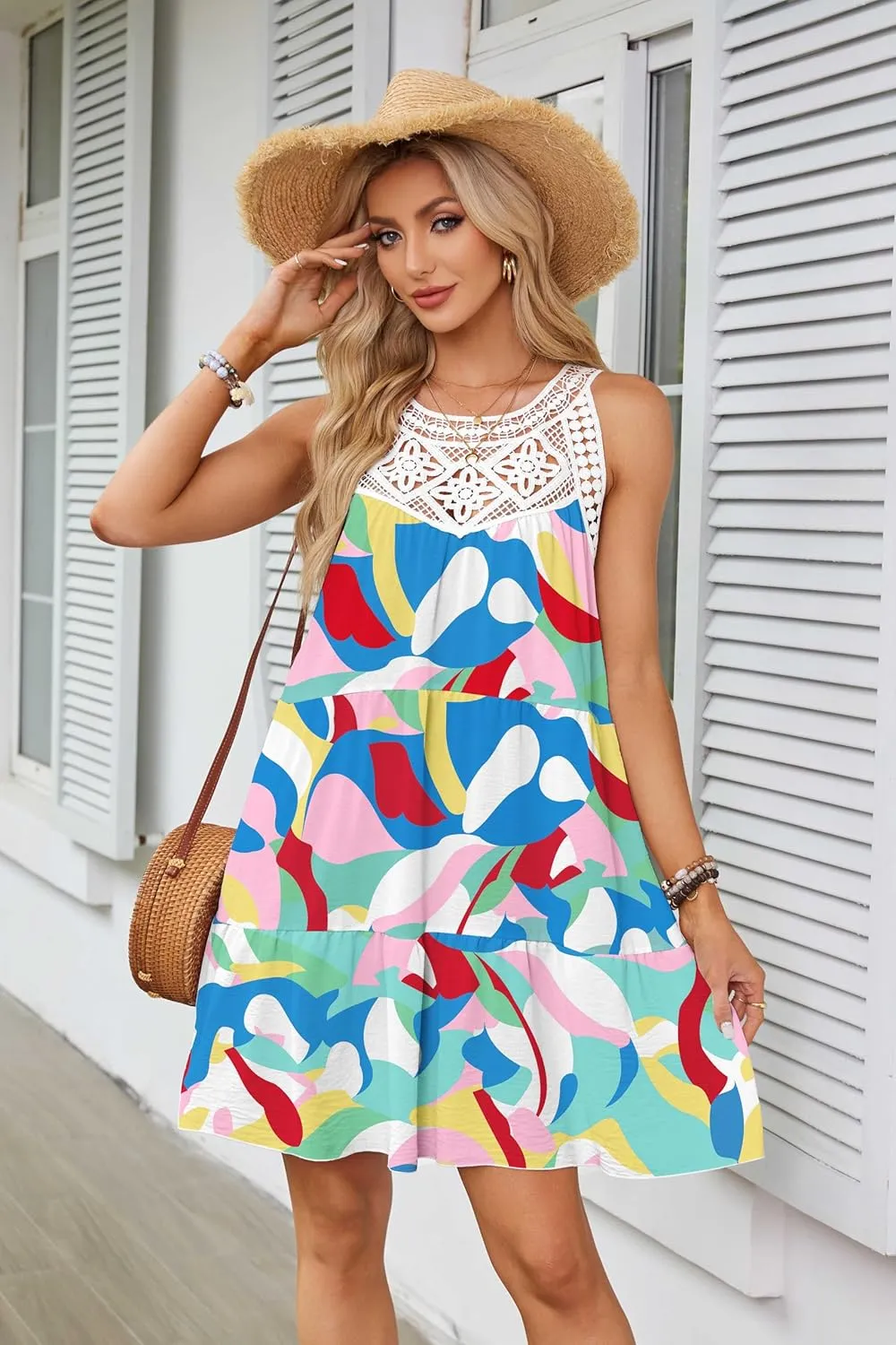 Women's 2024 Summer Halter Dress, Boho Sleeveless Sundress, Casual Flowy Beach Vacation A-line Loose Mini Sun Dress