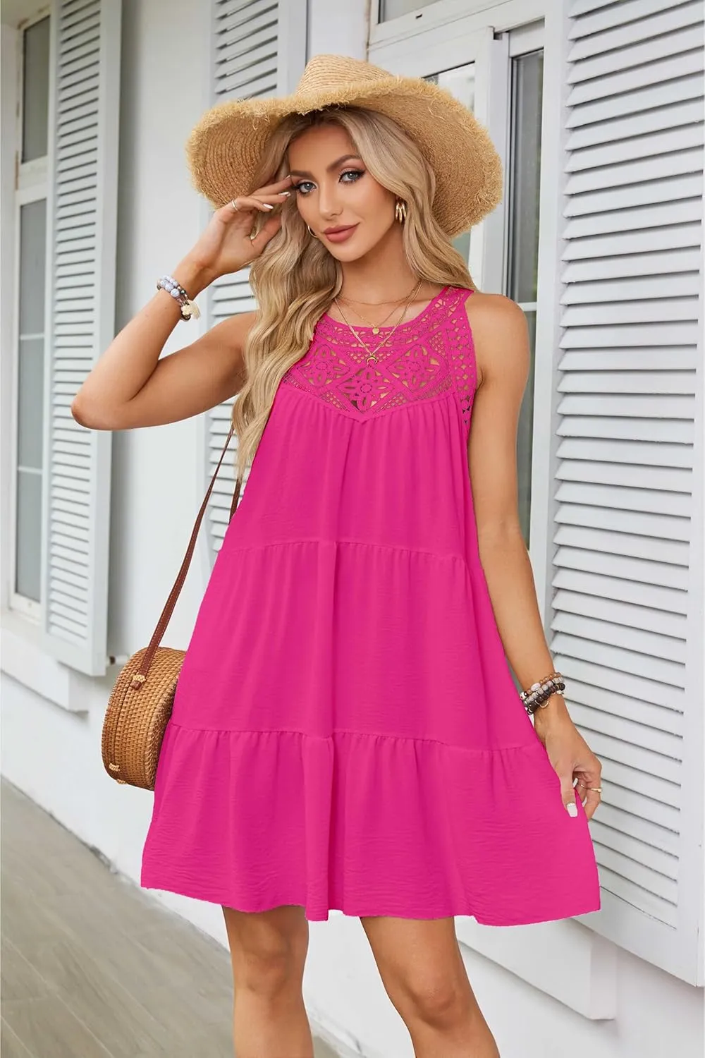 Women's 2024 Summer Halter Dress, Boho Sleeveless Sundress, Casual Flowy Beach Vacation A-line Loose Mini Sun Dress