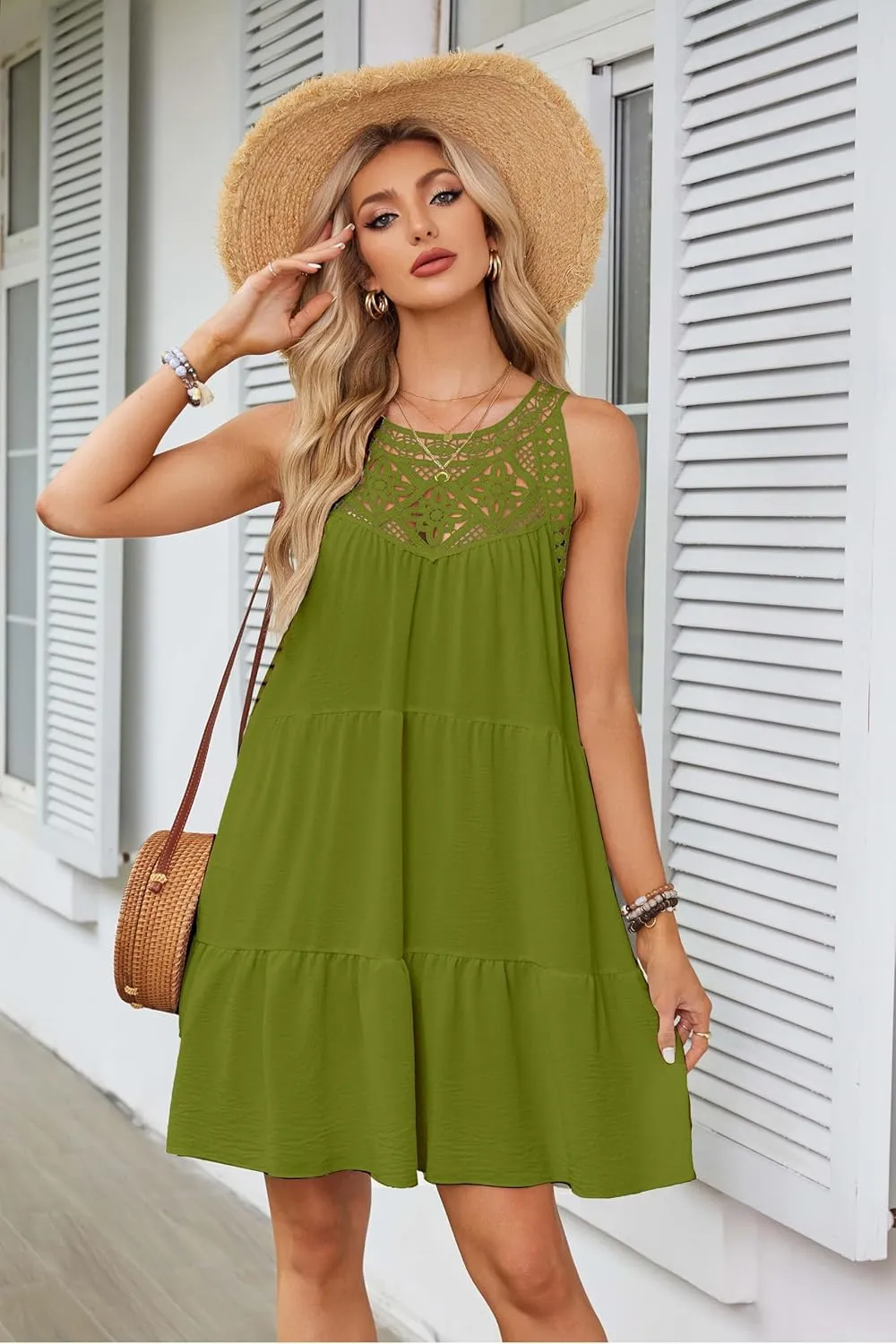Women's 2024 Summer Halter Dress, Boho Sleeveless Sundress, Casual Flowy Beach Vacation A-line Loose Mini Sun Dress
