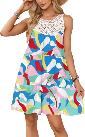 Women's 2024 Summer Halter Dress, Boho Sleeveless Sundress, Casual Flowy Beach Vacation A-line Loose Mini Sun Dress