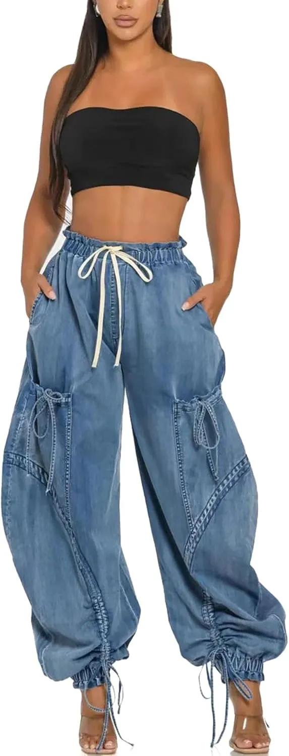Women's Baggy Cargo Jeans Drawstring High Waist Loose Harem Wide Leg Denim Pants Joggers Sweatpants with Pockets