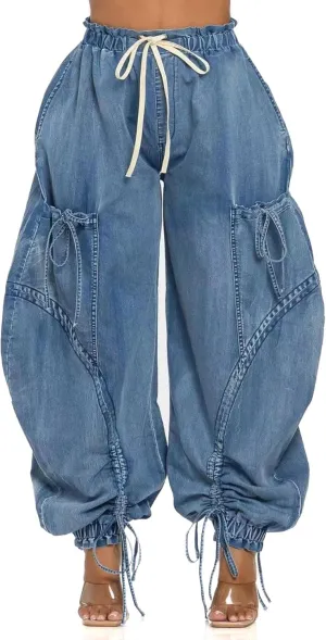 Women's Baggy Cargo Jeans Drawstring High Waist Loose Harem Wide Leg Denim Pants Joggers Sweatpants with Pockets