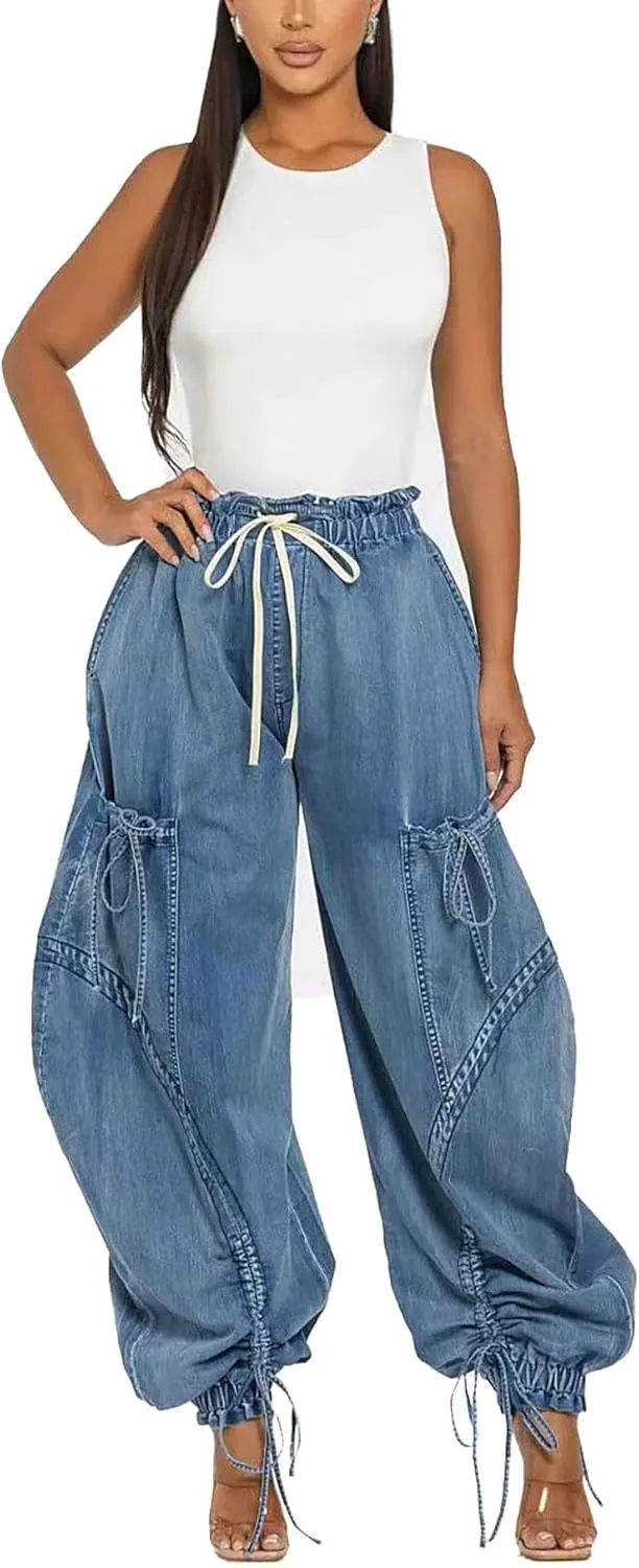 Women's Baggy Cargo Jeans Drawstring High Waist Loose Harem Wide Leg Denim Pants Joggers Sweatpants with Pockets