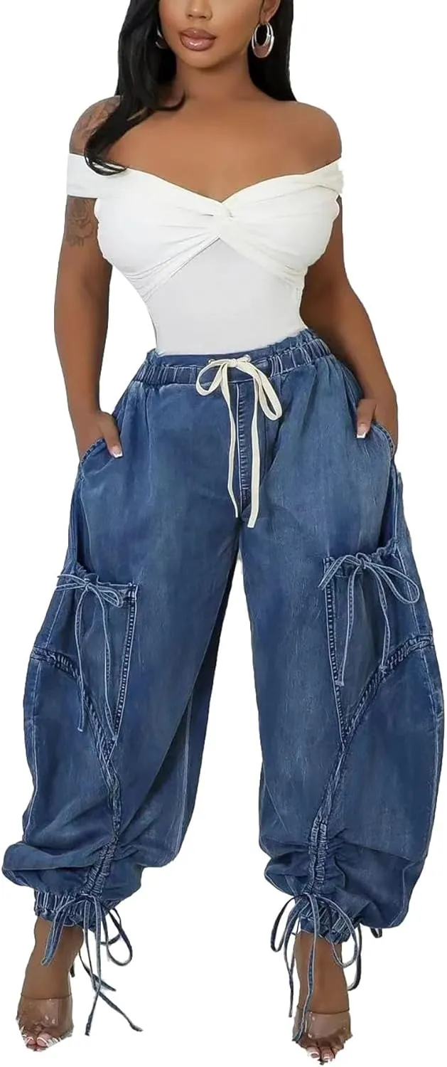 Women's Baggy Cargo Jeans Drawstring High Waist Loose Harem Wide Leg Denim Pants Joggers Sweatpants with Pockets
