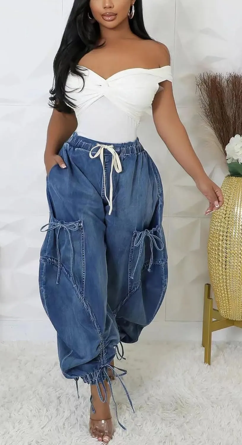 Women's Baggy Cargo Jeans Drawstring High Waist Loose Harem Wide Leg Denim Pants Joggers Sweatpants with Pockets