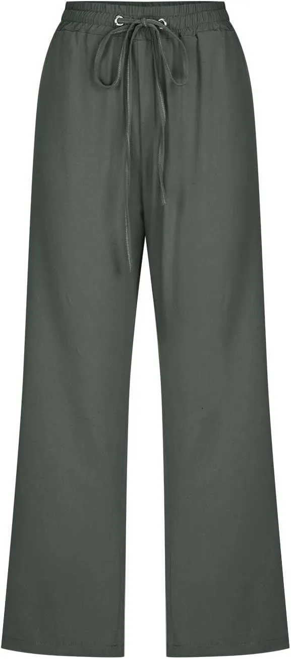 Womens Capri Pants Plus Size Summer Casual Pants High Waist Straight Wide Leg Pants Drawstring Linen Cropped Trouser