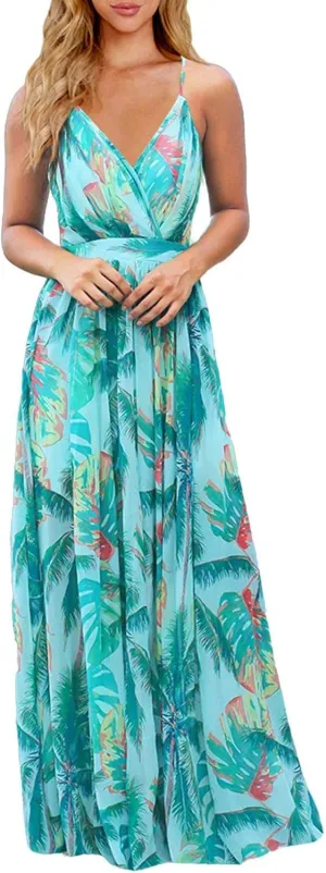 Womens Casual Deep V Neck Floral Bohemian Spaghetti Strap Beach Maxi Dress