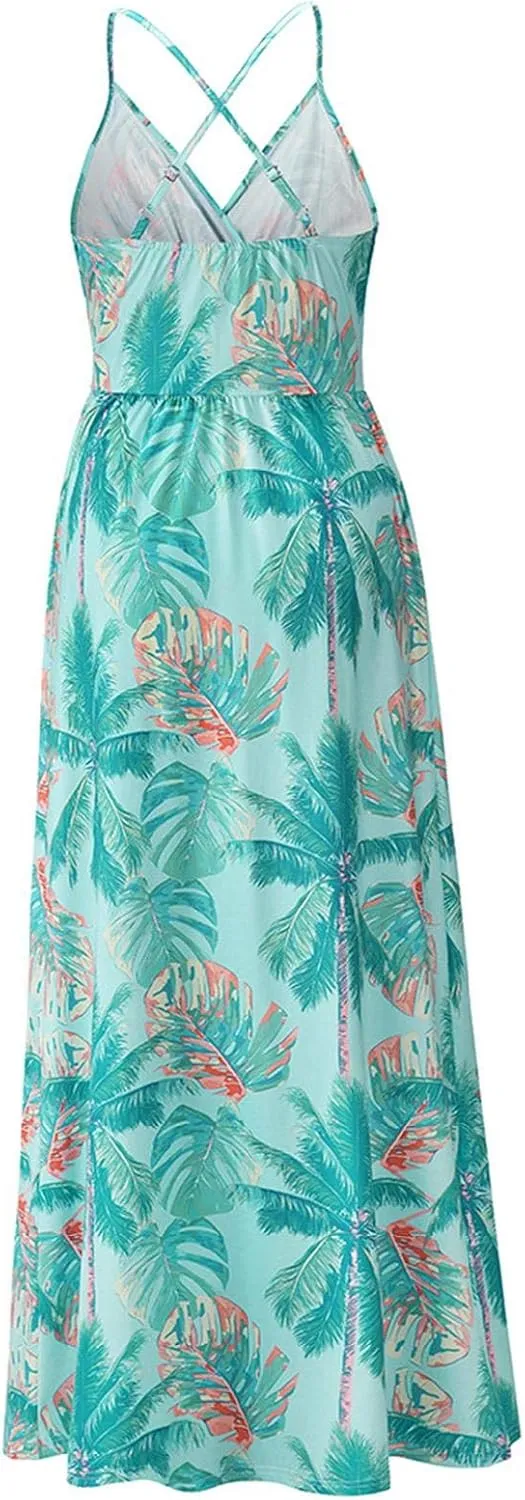 Womens Casual Deep V Neck Floral Bohemian Spaghetti Strap Beach Maxi Dress