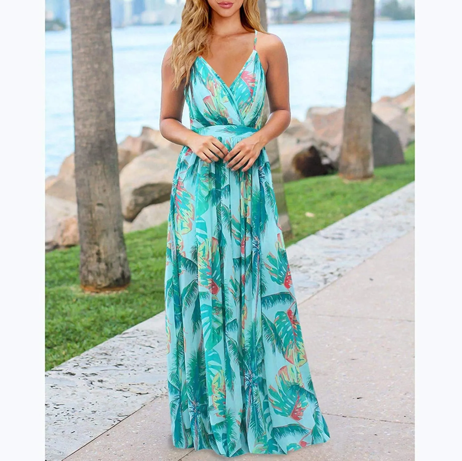 Womens Casual Deep V Neck Floral Bohemian Spaghetti Strap Beach Maxi Dress