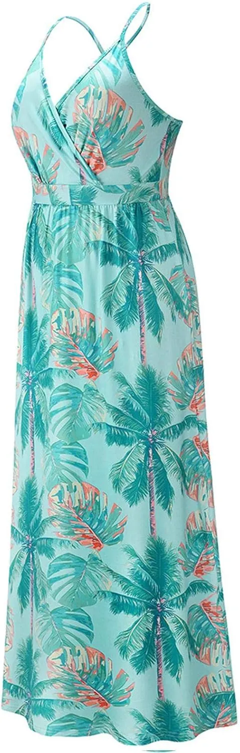 Womens Casual Deep V Neck Floral Bohemian Spaghetti Strap Beach Maxi Dress