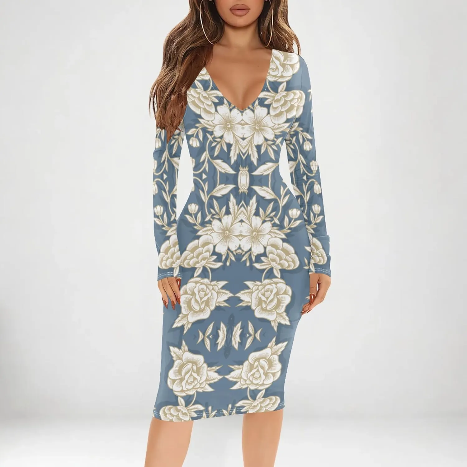 Women's Casual Dress Sexy Long Sleeve Deep V Neck Bodycon Midi Dress Cocktail Party Pencil Dresses