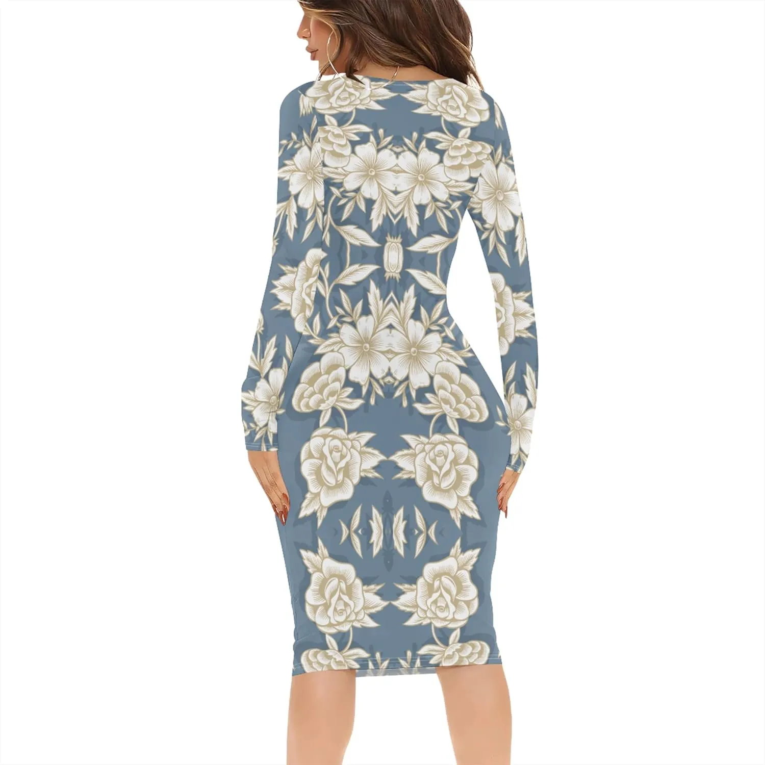 Women's Casual Dress Sexy Long Sleeve Deep V Neck Bodycon Midi Dress Cocktail Party Pencil Dresses