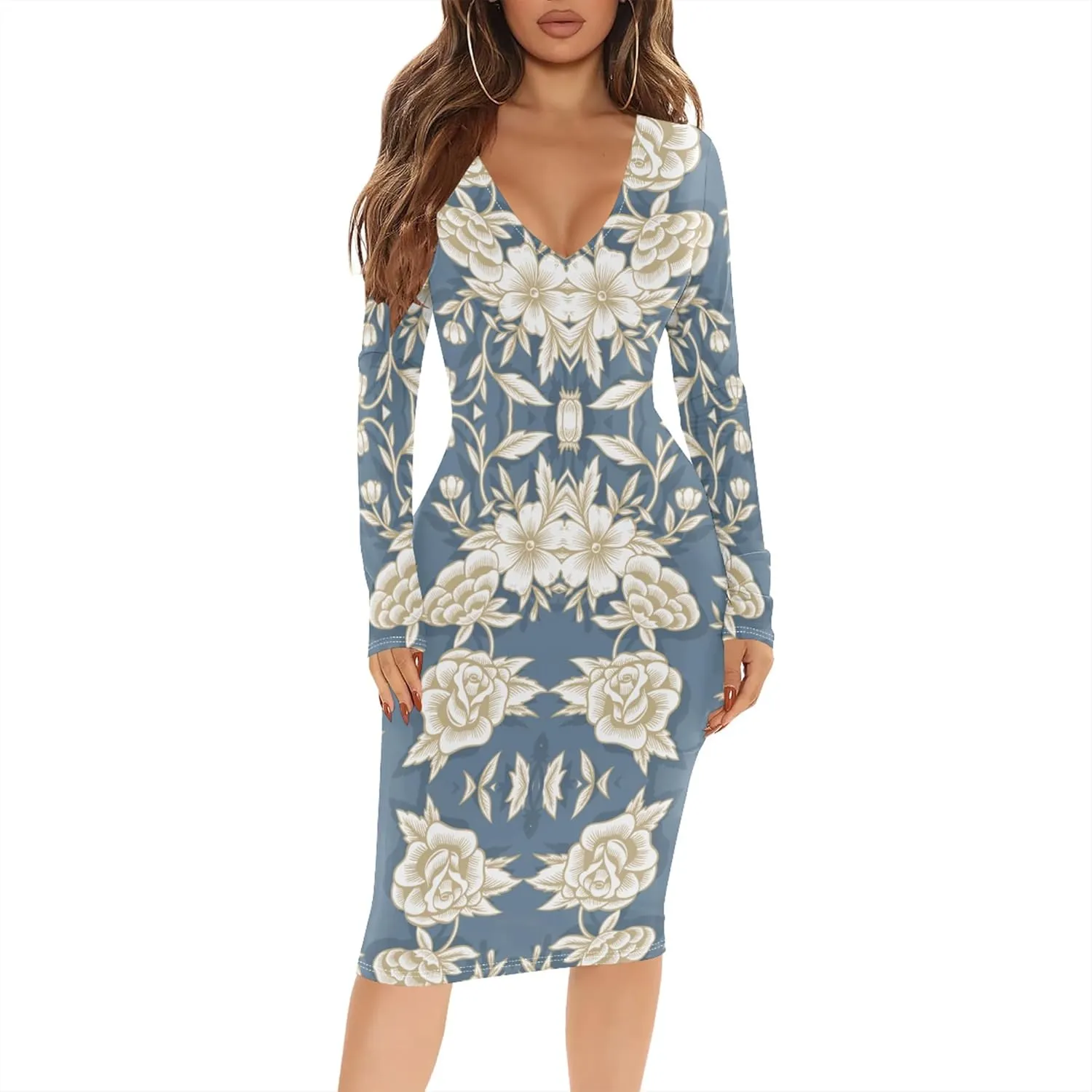 Women's Casual Dress Sexy Long Sleeve Deep V Neck Bodycon Midi Dress Cocktail Party Pencil Dresses
