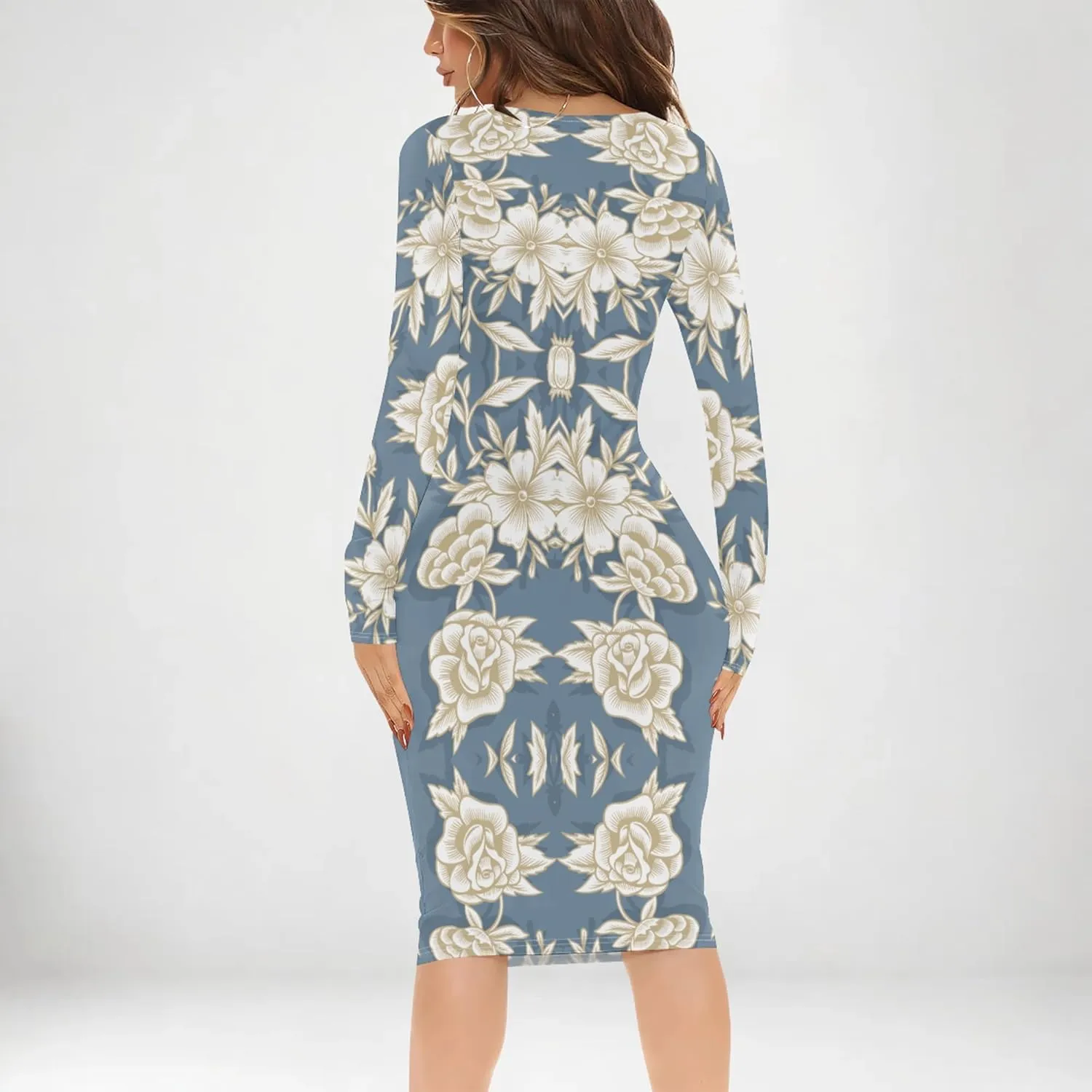 Women's Casual Dress Sexy Long Sleeve Deep V Neck Bodycon Midi Dress Cocktail Party Pencil Dresses