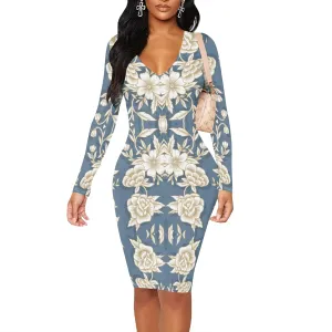 Women's Casual Dress Sexy Long Sleeve Deep V Neck Bodycon Midi Dress Cocktail Party Pencil Dresses