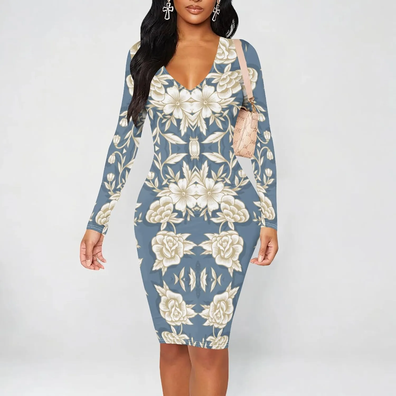 Women's Casual Dress Sexy Long Sleeve Deep V Neck Bodycon Midi Dress Cocktail Party Pencil Dresses