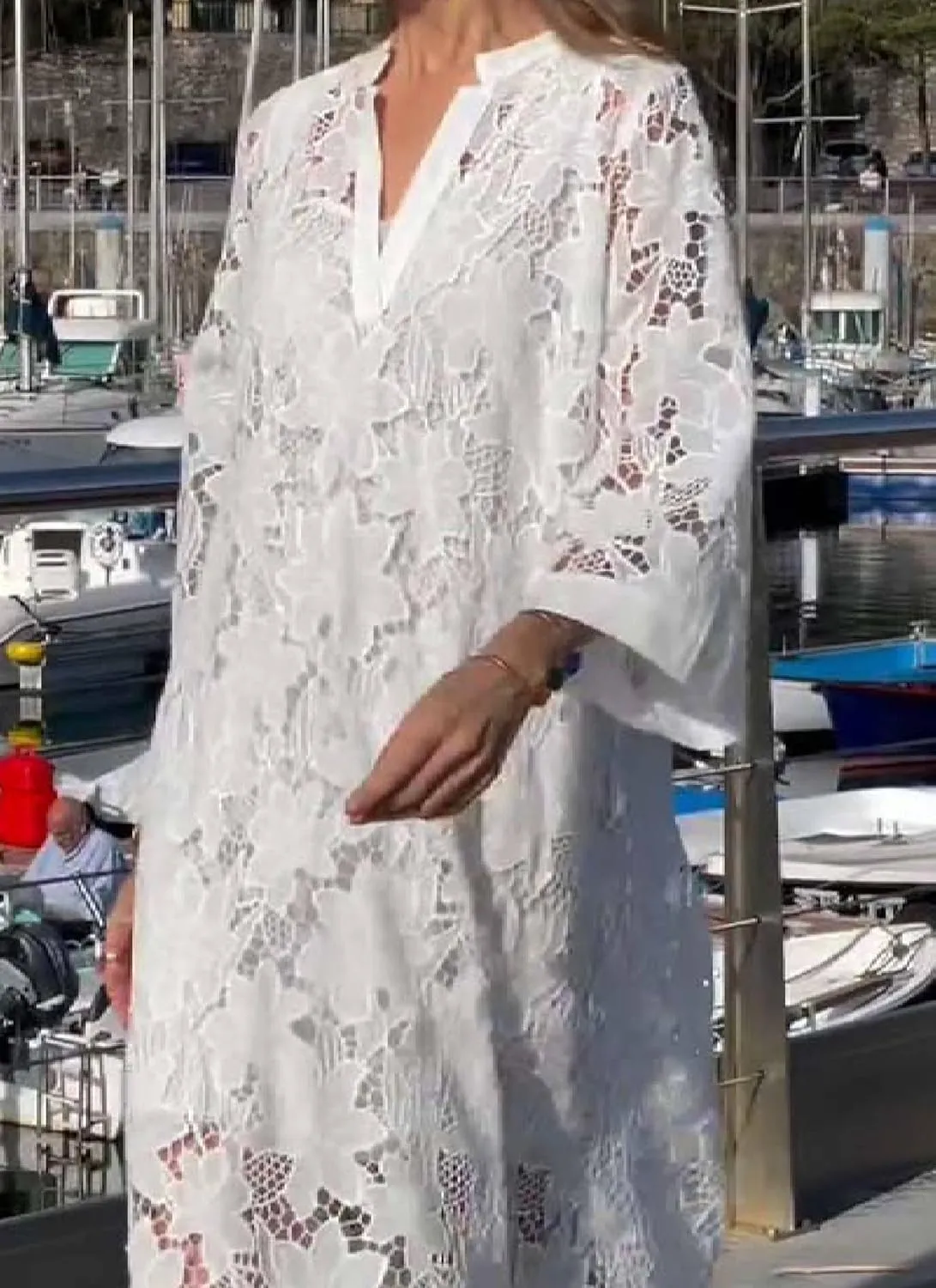 Womens Casual Loose Fit V Neck Lace Design Long Sleeve Maxi Dress Flowy Beach Swimsuit Cover Up