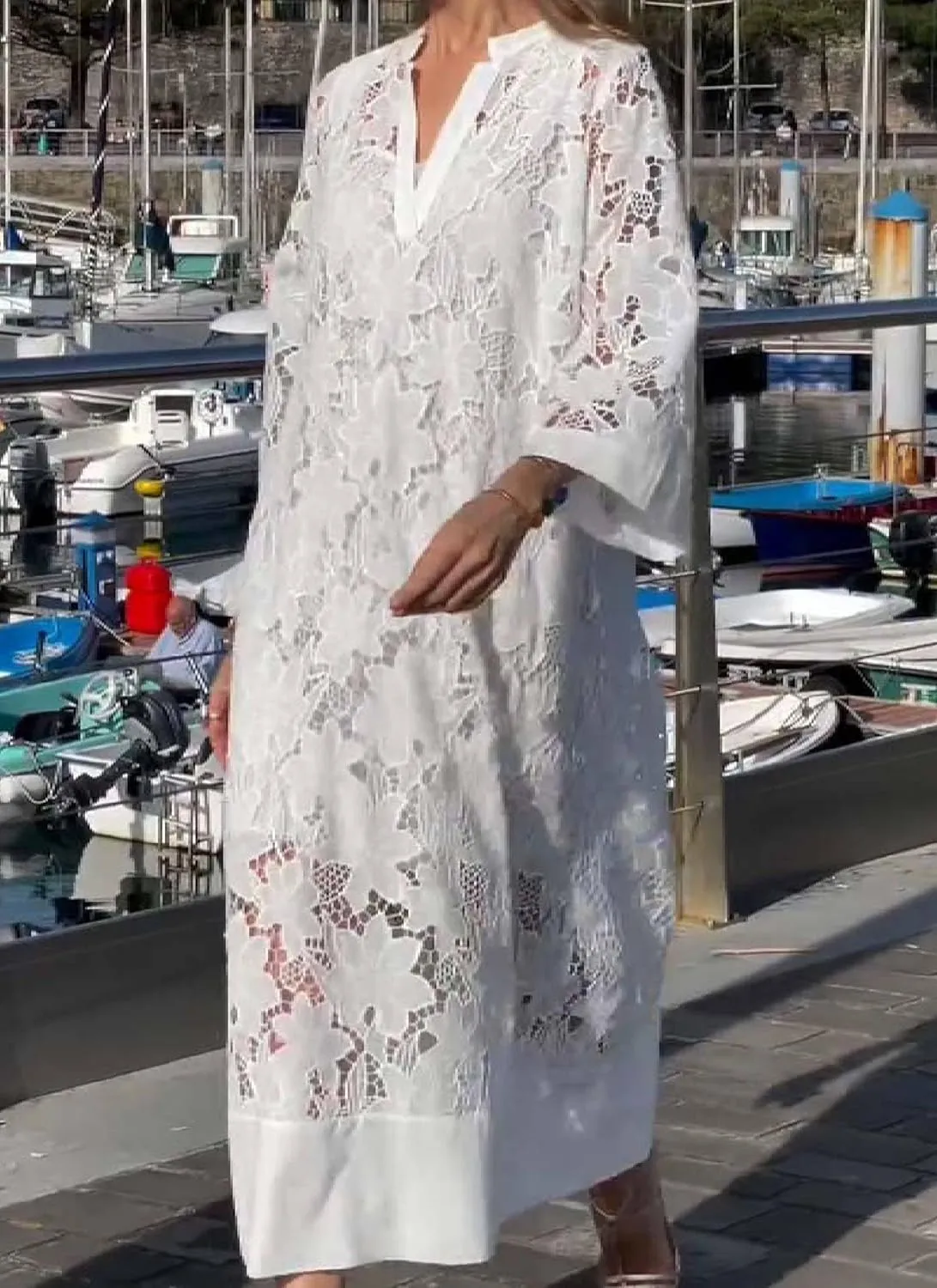 Womens Casual Loose Fit V Neck Lace Design Long Sleeve Maxi Dress Flowy Beach Swimsuit Cover Up