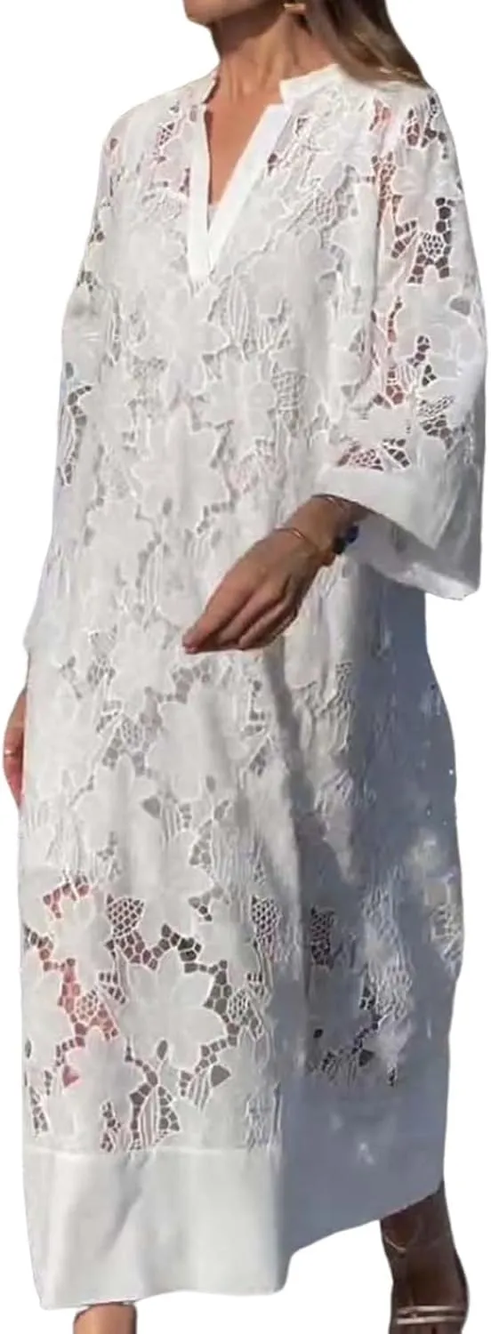 Womens Casual Loose Fit V Neck Lace Design Long Sleeve Maxi Dress Flowy Beach Swimsuit Cover Up