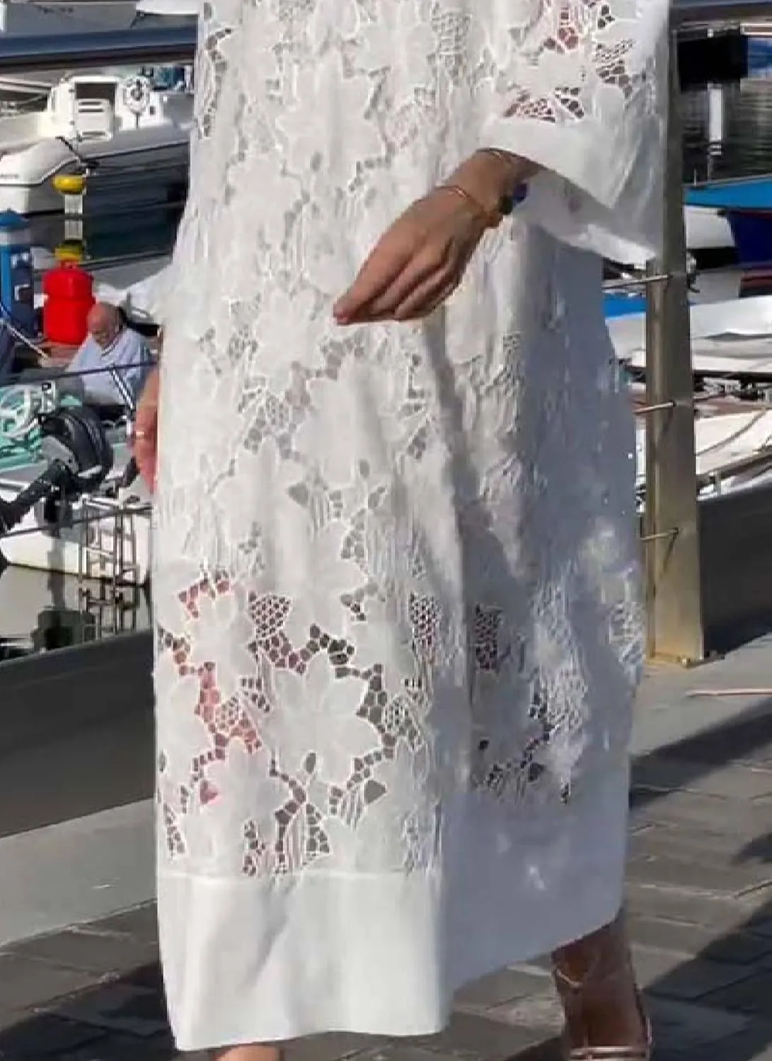 Womens Casual Loose Fit V Neck Lace Design Long Sleeve Maxi Dress Flowy Beach Swimsuit Cover Up