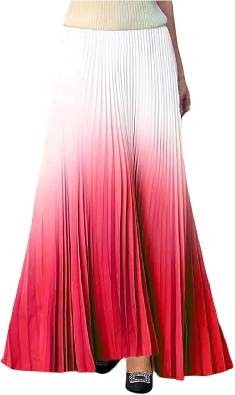 Women's Casual Pleated Gradient Summer High Waist A-line Swing Floor-Length Beach Skirt