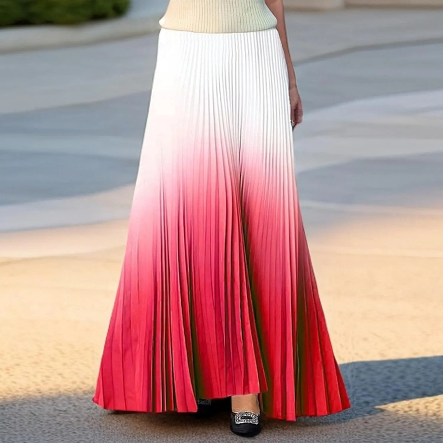 Women's Casual Pleated Gradient Summer High Waist A-line Swing Floor-Length Beach Skirt