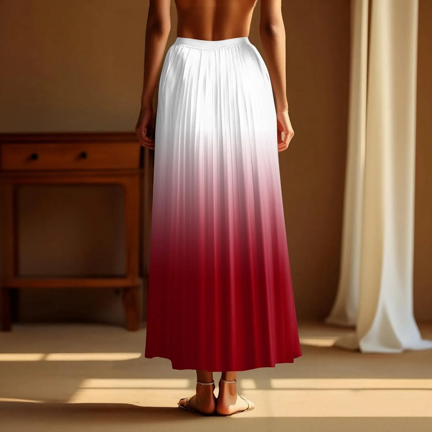 Women's Casual Pleated Gradient Summer High Waist A-line Swing Floor-Length Beach Skirt