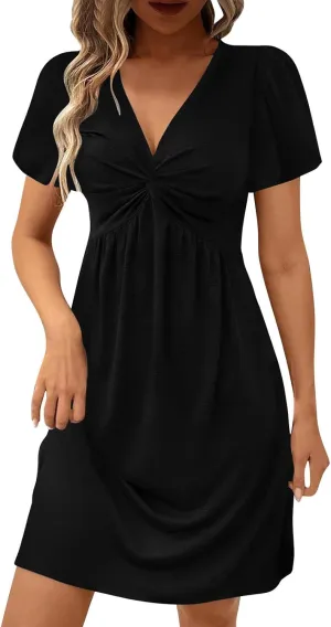 Womens Casual Summer Twist Front V Neck Short Sleeve Mini Dress, Elegant Short Sleeve Swing Sundress Beach Outfits