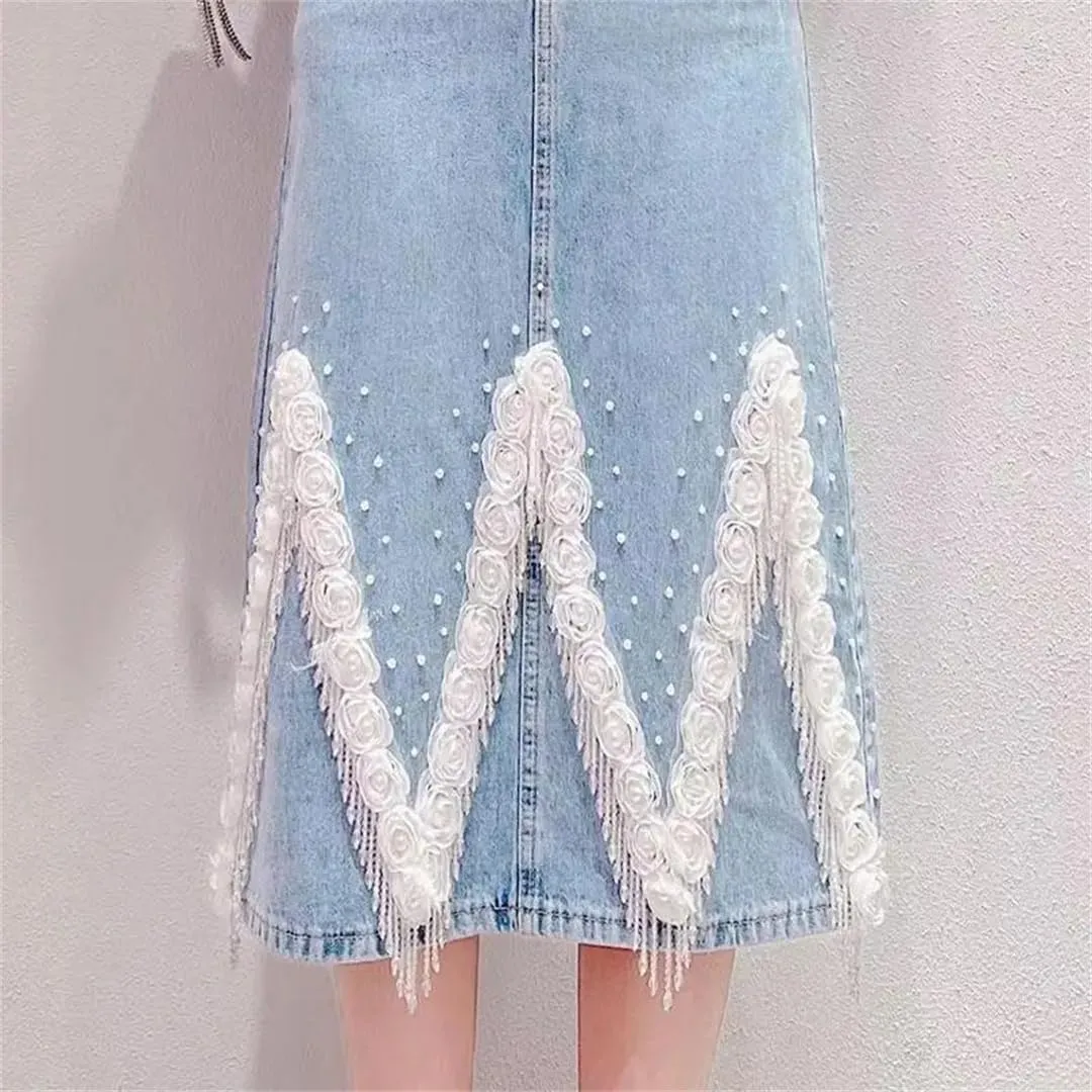 Women's Casual Tassel Denim Skirt Autumn High Waisted Flower Jeans Skirts