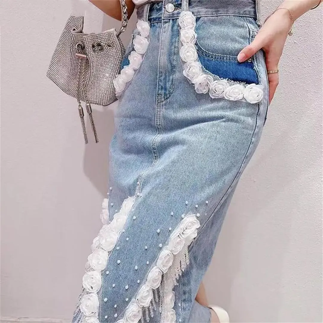 Women's Casual Tassel Denim Skirt Autumn High Waisted Flower Jeans Skirts
