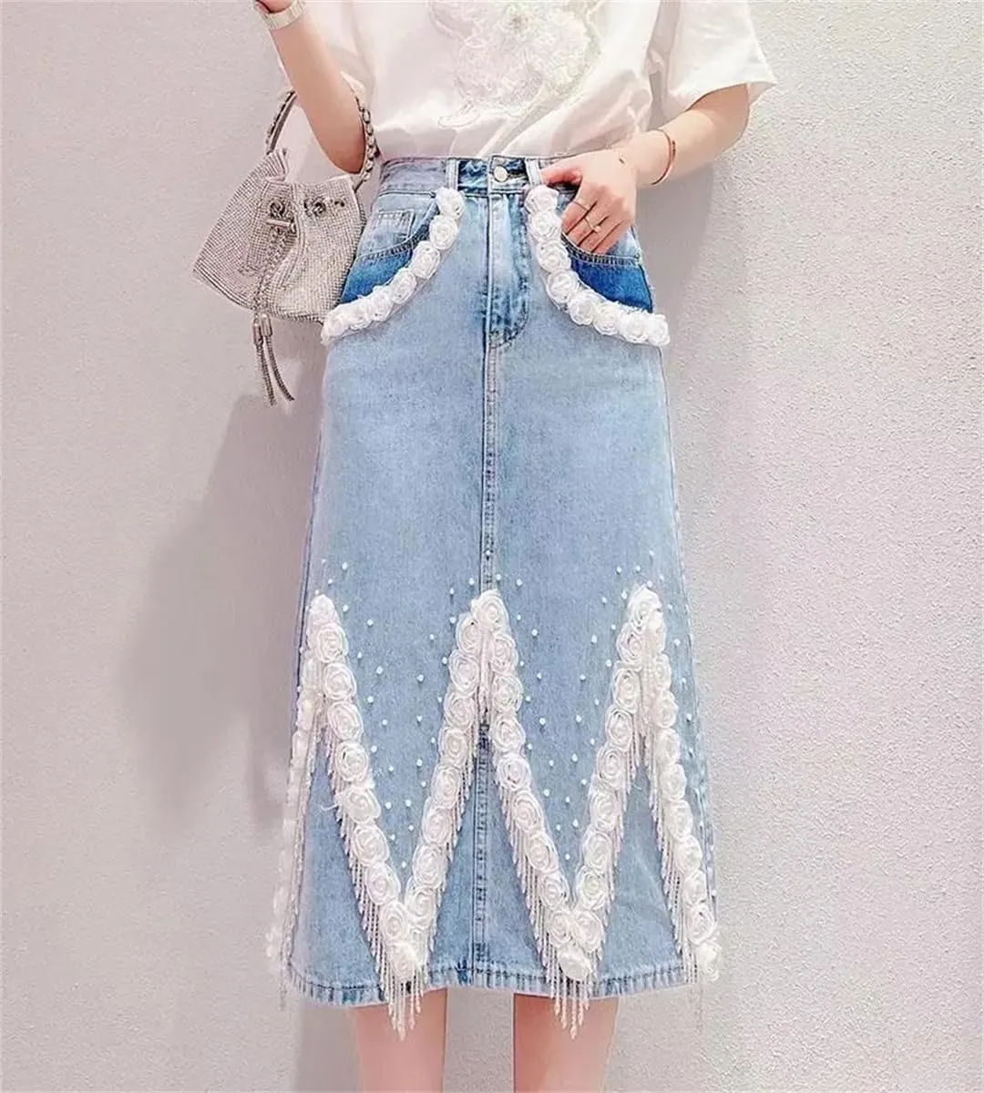 Women's Casual Tassel Denim Skirt Autumn High Waisted Flower Jeans Skirts
