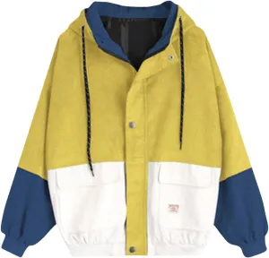 Women's Corduroy Hoodie Jacket Vintage Color Block Long Sleeve Coat Oversized Zipper Cargo Jackets with Pockets