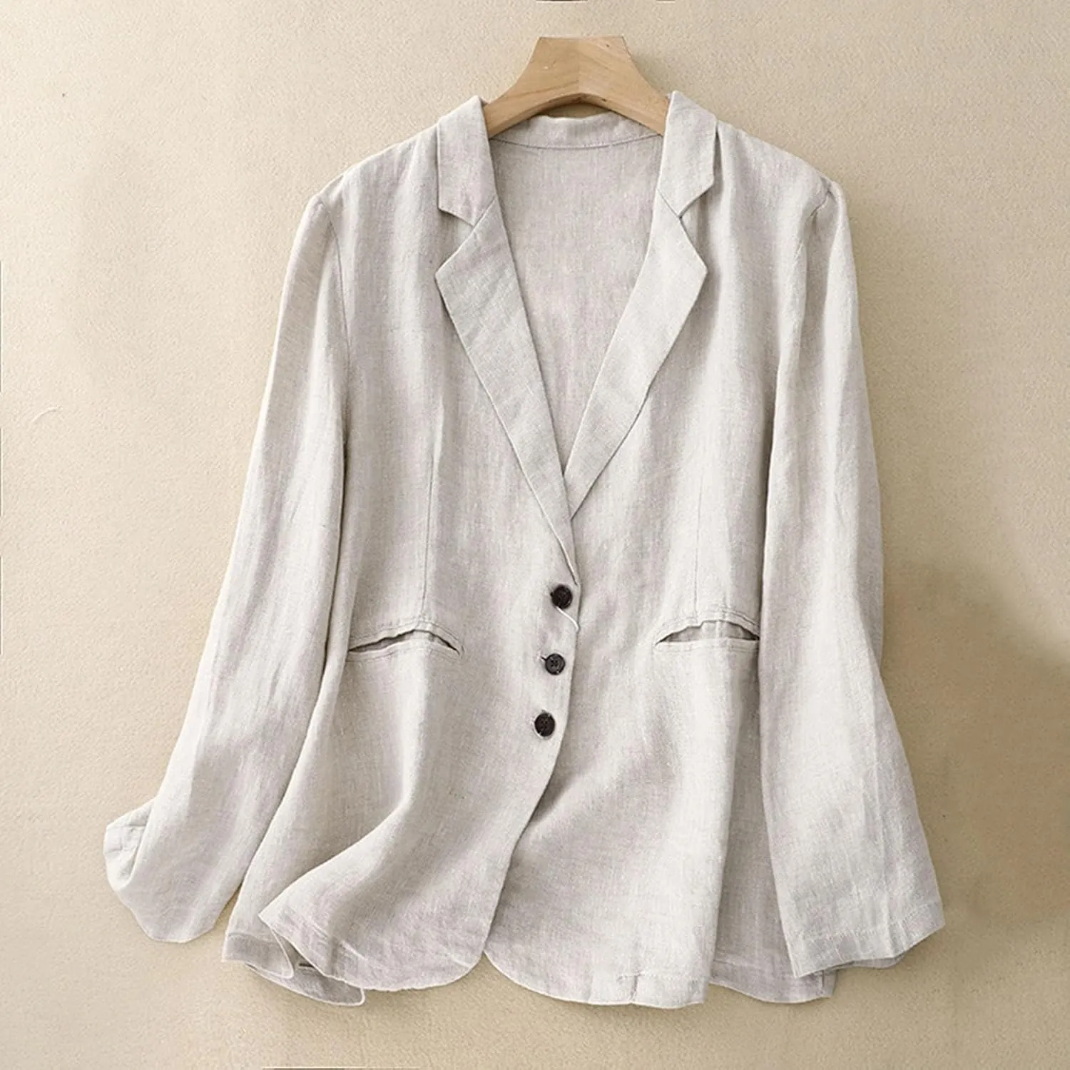 Womens Cotton Linen Blazer Notch Lapel Single Breasted Suit Coat Jackets Boyfriend Loose Casual Comfy Blazer Jacket
