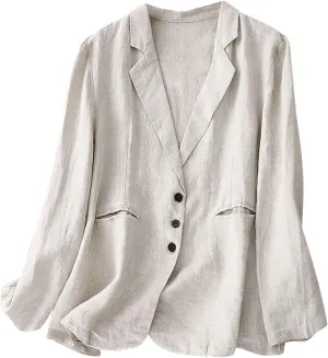 Womens Cotton Linen Blazer Notch Lapel Single Breasted Suit Coat Jackets Boyfriend Loose Casual Comfy Blazer Jacket