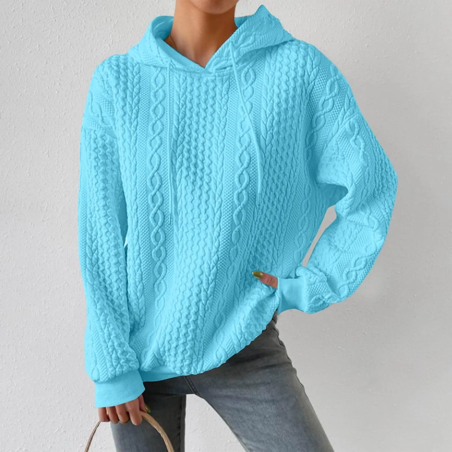 Womens Essentials Hoodie Oversized Cable Knit Hoodies Casual Long Sleeve Drawstring Pullover Sweater Fall Outfits 2024
