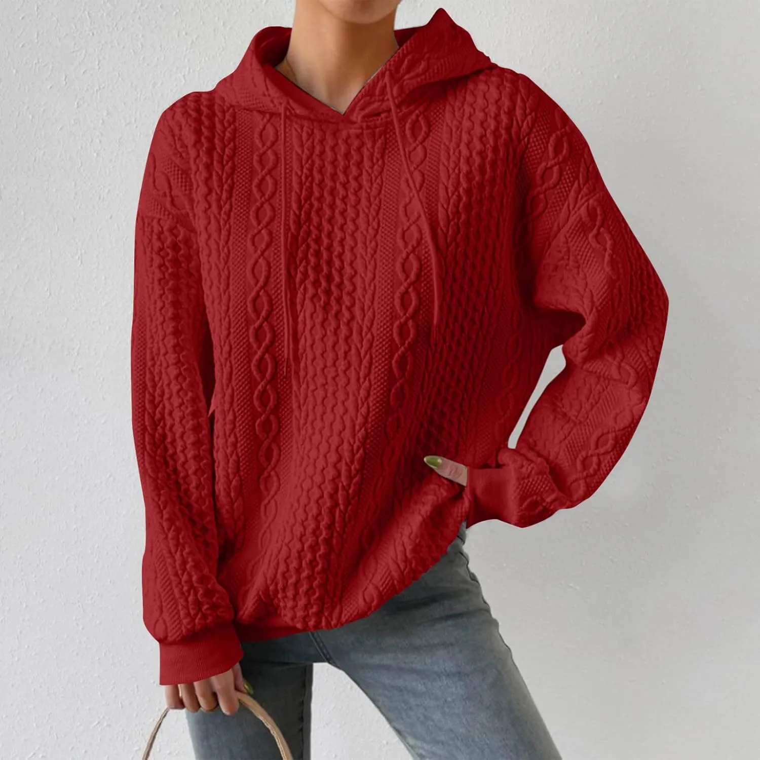 Womens Essentials Hoodie Oversized Cable Knit Hoodies Casual Long Sleeve Drawstring Pullover Sweater Fall Outfits 2024