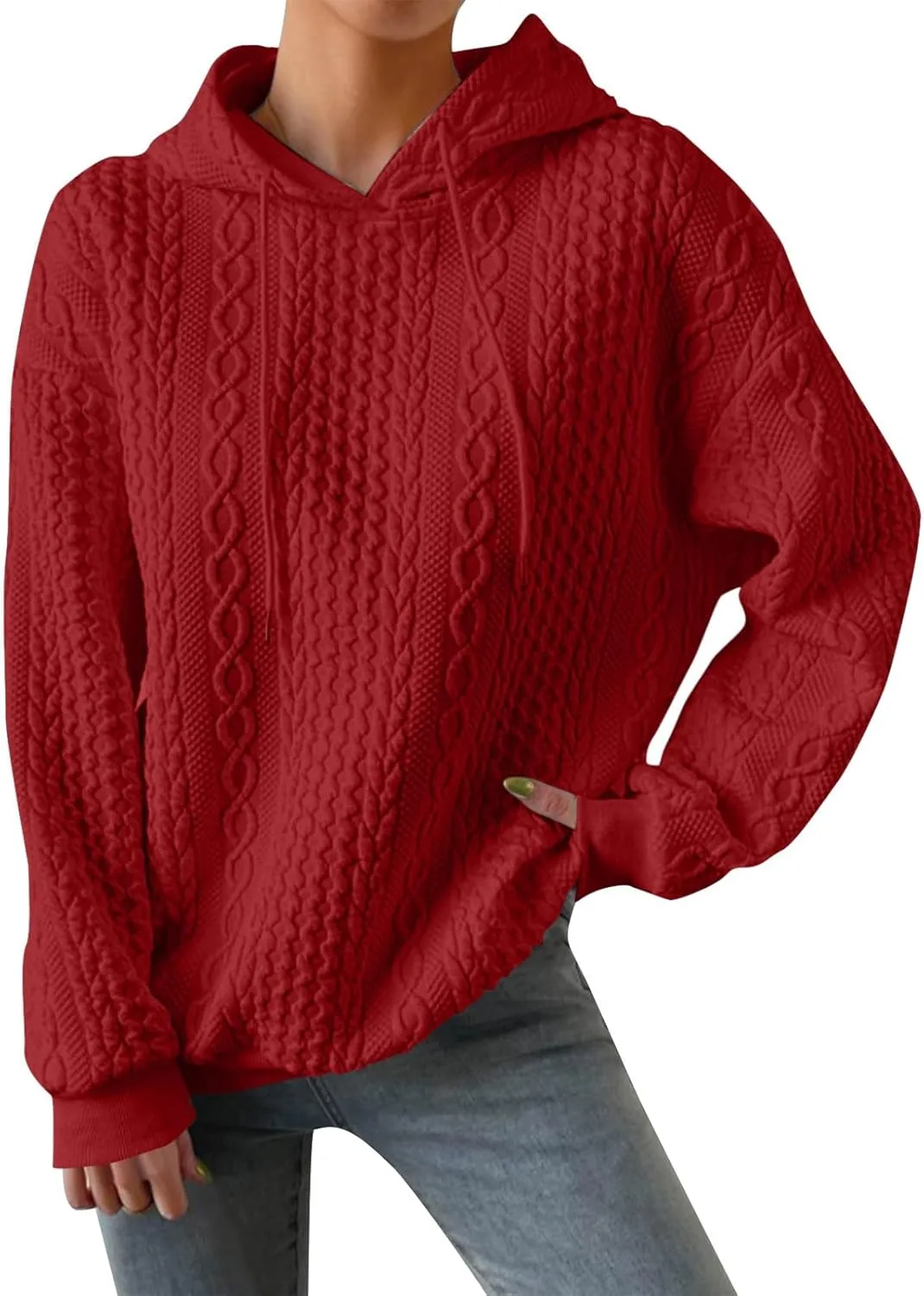 Womens Essentials Hoodie Oversized Cable Knit Hoodies Casual Long Sleeve Drawstring Pullover Sweater Fall Outfits 2024
