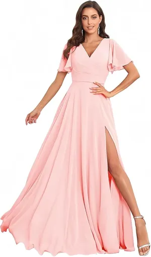 Women's Flutter Sleeves Bridesmaid Dresses V Neck A Line Chiffon Long Formal Dress with Slit
