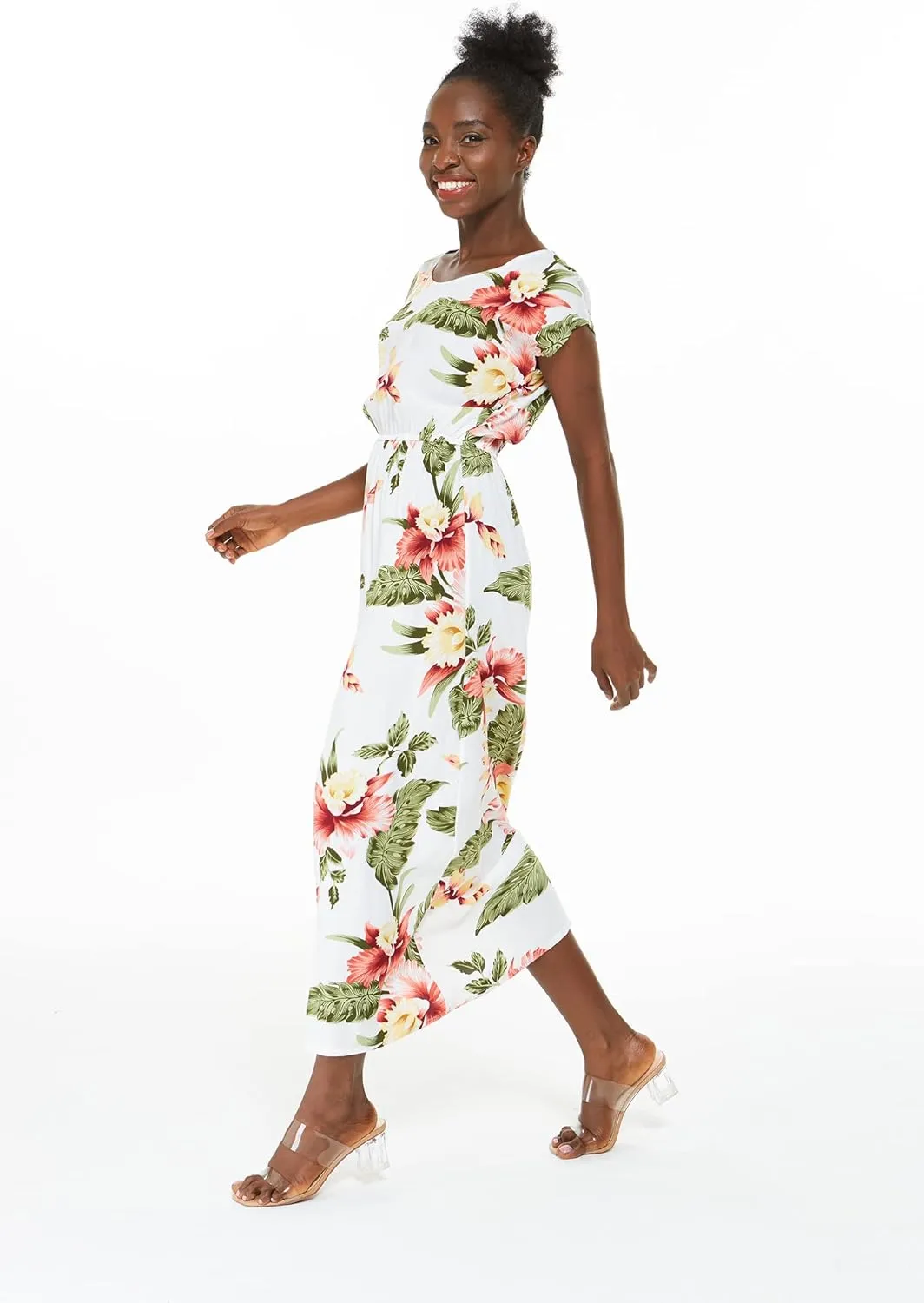 Women's Hawaiian Luau Cap Sleeve Maxi Simple Dress in Pineapple Garden