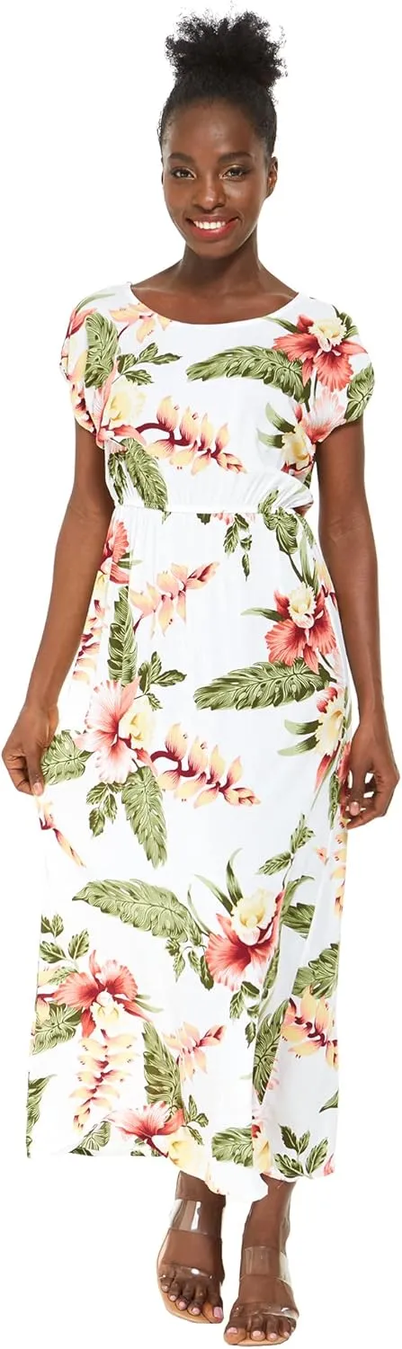Women's Hawaiian Luau Cap Sleeve Maxi Simple Dress in Pineapple Garden
