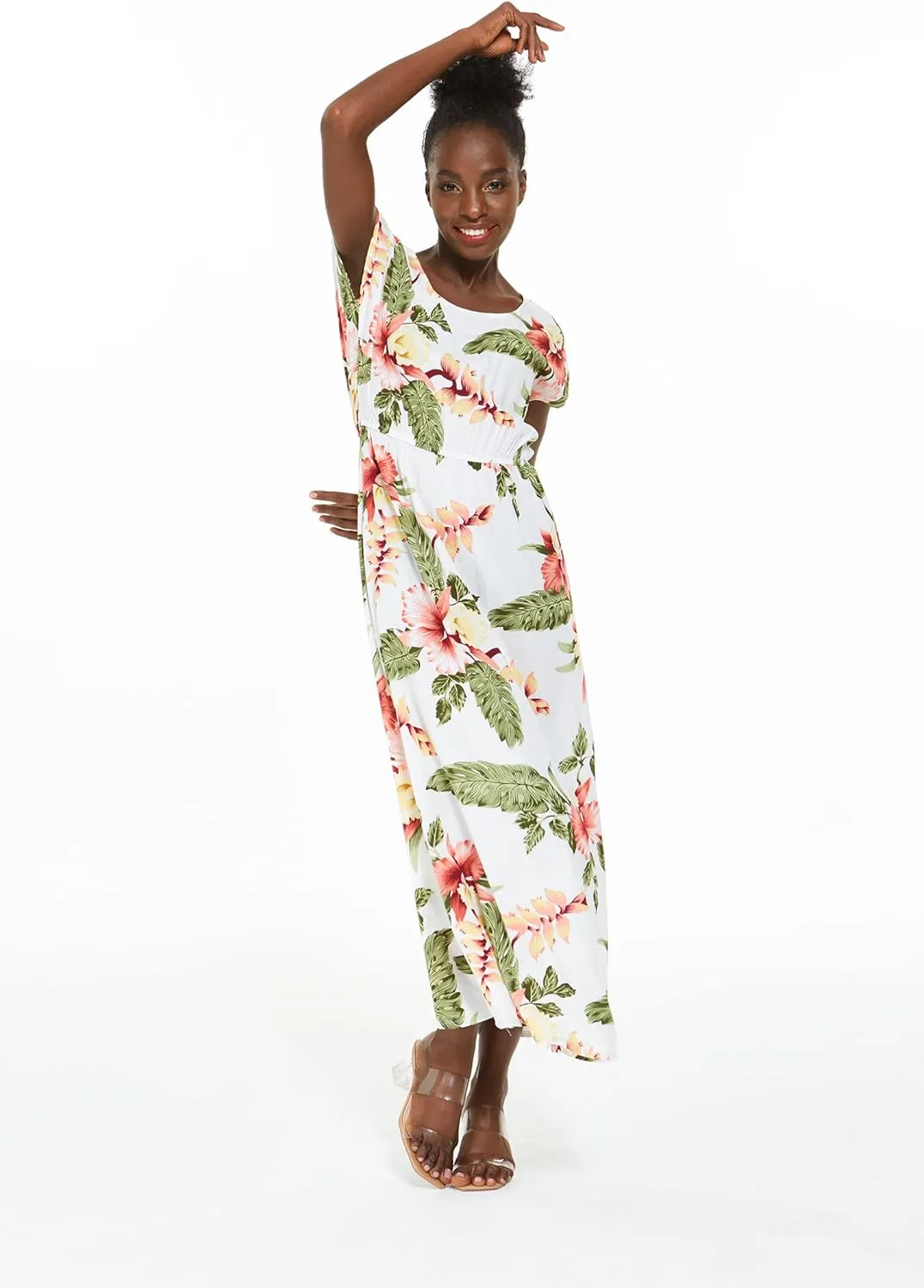Women's Hawaiian Luau Cap Sleeve Maxi Simple Dress in Pineapple Garden