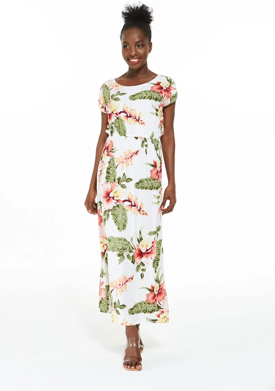 Women's Hawaiian Luau Cap Sleeve Maxi Simple Dress in Pineapple Garden