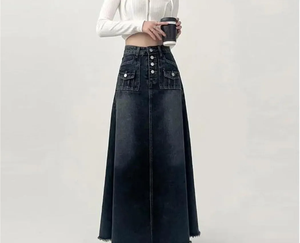 Women's High Waisted Cargo Denim Skirt Korean Style Casual A-Line Midi Skirt with Pockets
