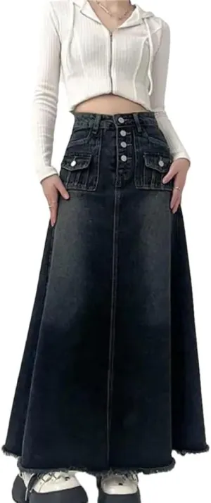 Women's High Waisted Cargo Denim Skirt Korean Style Casual A-Line Midi Skirt with Pockets