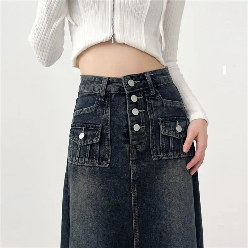 Women's High Waisted Cargo Denim Skirt Korean Style Casual A-Line Midi Skirt with Pockets