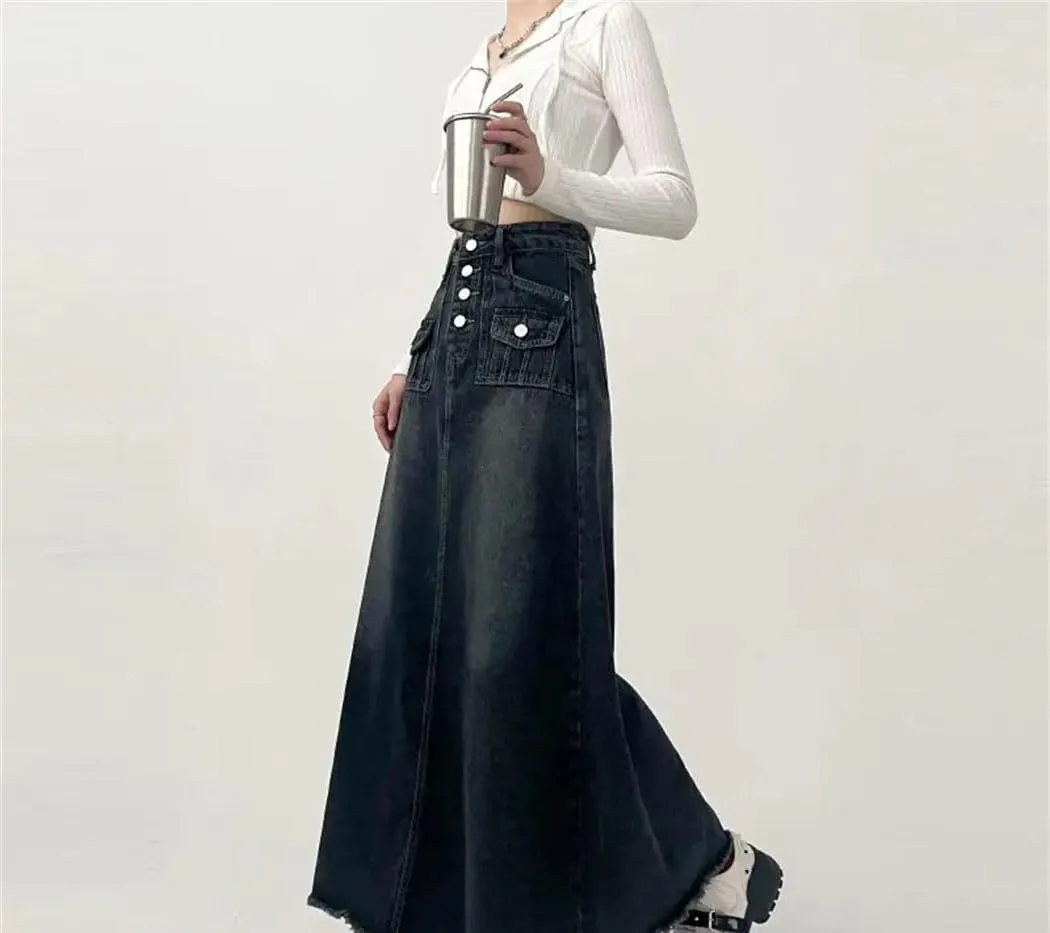 Women's High Waisted Cargo Denim Skirt Korean Style Casual A-Line Midi Skirt with Pockets