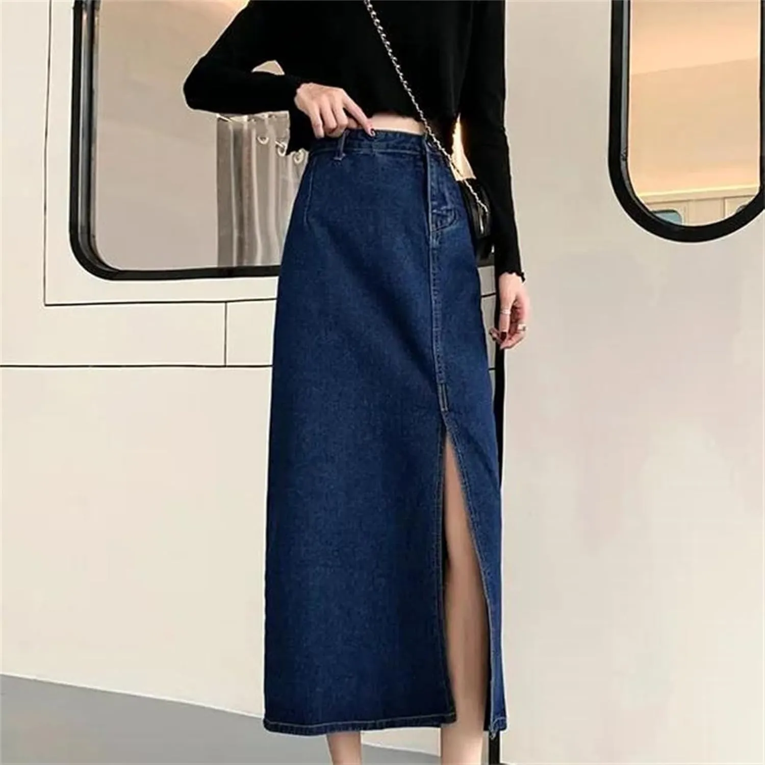 Women's High-Waisted Denim Skirt  Medium-Length Side Slit A-Line Plus Size Casual Spring Summer Dress